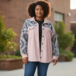 Southern Grace Pink Gray Oversized Utility Layer Jacket Colorblock Shacket Sz XL